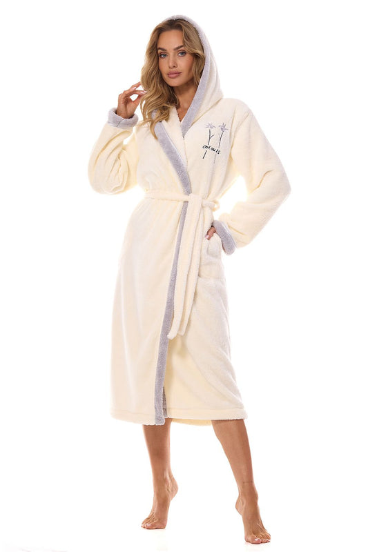 Luxurious women's hooded bathrobe by L&L Collection featuring elegant embroidery, crafted from smooth polyester fabric for ultimate comfort and style.