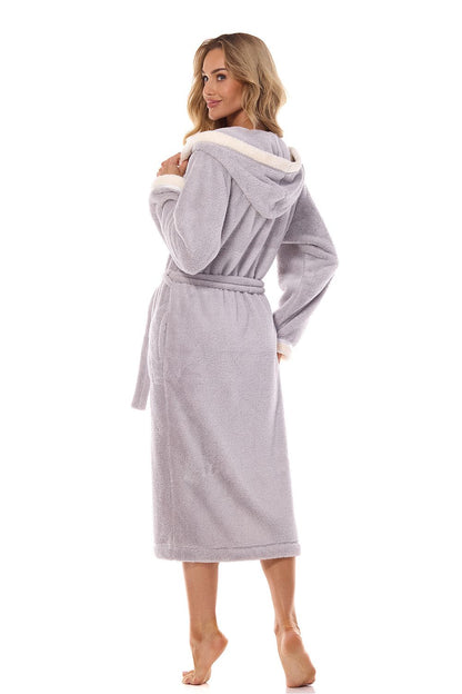 Model wearing L&L Collection luxurious hooded bathrobe, featuring belt tie and long sleeves, epitomising elegance for everyday use.