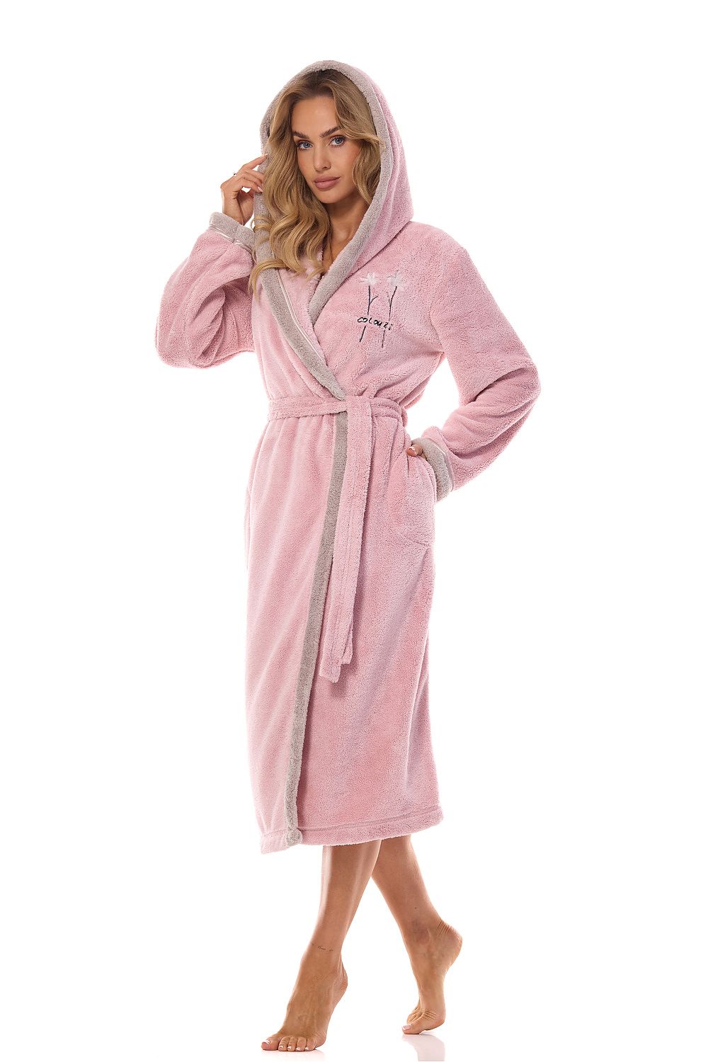Elegant women's bathrobe with a hood and intricate embroidery from L&L Collection, crafted from 100% polyester for ultimate comfort and luxury.