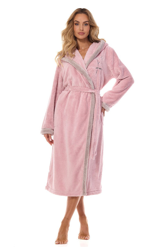 An elegant women's bathrobe by L&L Collection, featuring a hood, subtle embroidery, and luxurious 100% polyester fabric for comfort and style.