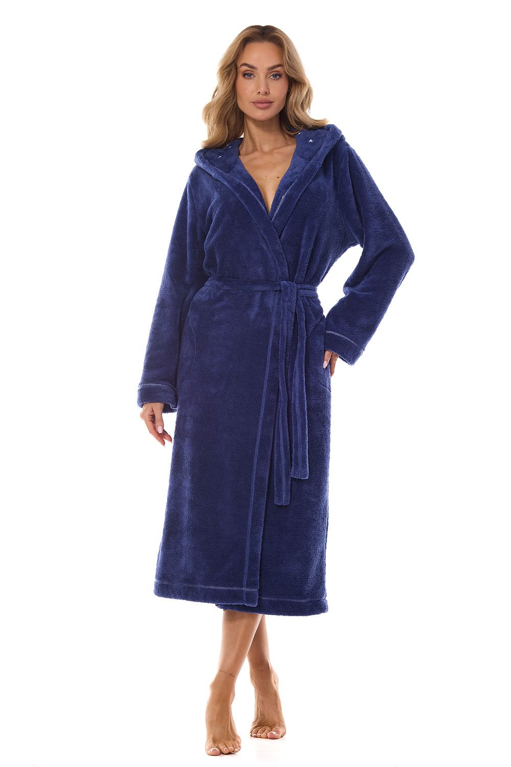 L&L Collection luxurious bathrobe in soft polyester, featuring a stylish hood, elegant cuffs, and convenient pockets.