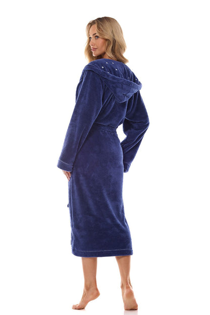 High-quality L&L Collection bathrobe crafted from 100% polyester, designed for luxury homewear with practical pockets and a chic belt tie.