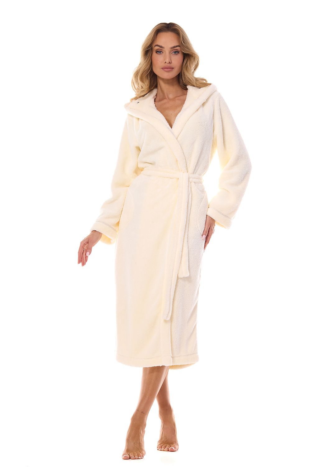 L&L Collection Luxury Hooded Bathrobe featuring elegant design, smooth fabric, and practical pockets for lavish homewear comfort.