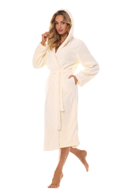 Elegant L&L Collection Hooded Bathrobe in luxurious polyester, showcasing a beautifully crafted inner hood and sophisticated cuffs.