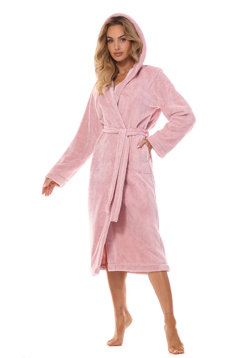 Elegant luxury hooded bathrobe by L&L Collection made from soft 100% polyester, featuring a stylish design with pockets, perfect for homewear.