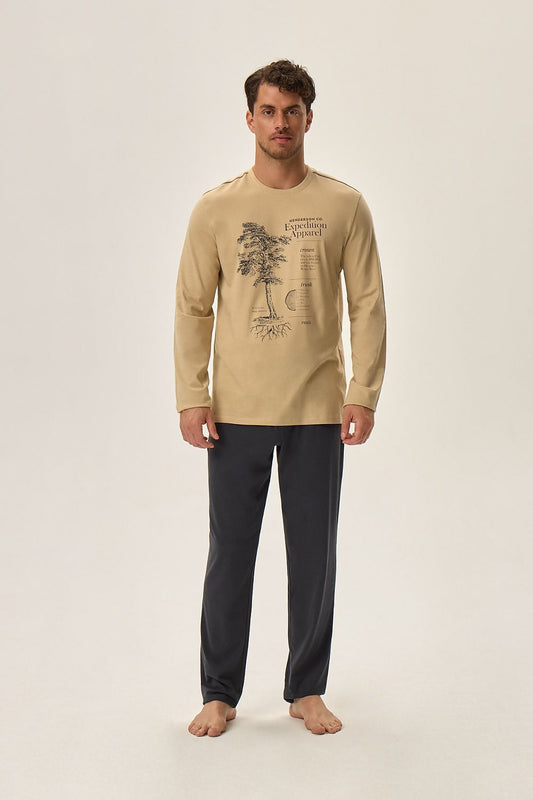 Elegantly designed Henderson Men's Cotton Pajama Set featuring a stylish printed top and comfortable long pants, perfect for luxurious relaxation.