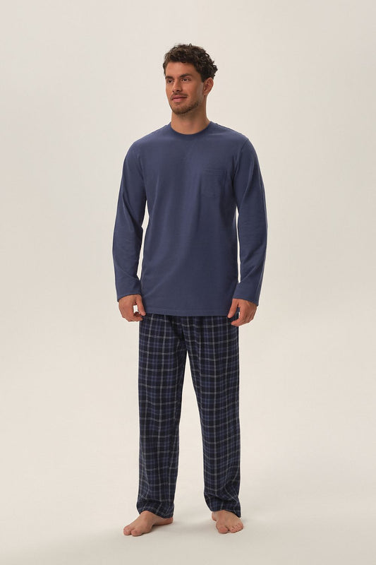 Elegant Henderson Men's Cotton Pyjama Set featuring a long sleeve shirt and classic plaid trousers, beautifully packaged in a gift box.