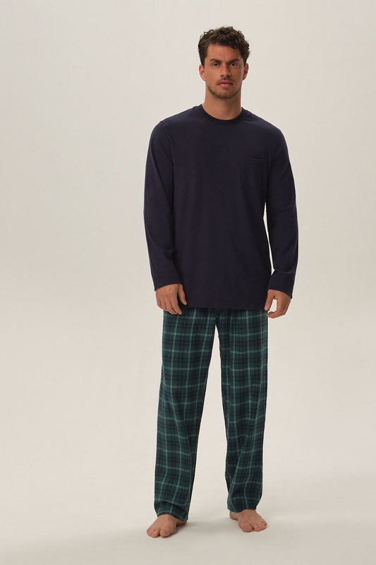 Luxurious Henderson Men's Cotton Pyjama Set featuring a long sleeve shirt and classic plaid trousers, elegantly boxed for gifting.