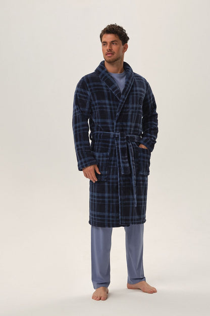 Henderson luxury navy blue men's bathrobe featuring a classic checkered design and shawl collar, showcasing its two practical pockets.