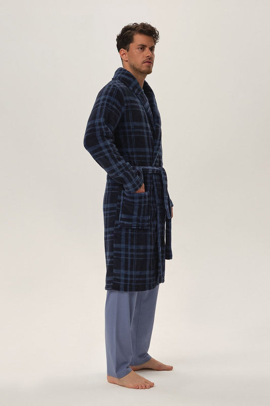 Close-up view of Henderson luxury navy blue men's bathrobe fabric, highlighting the soft polyester material and elegant checkered pattern.