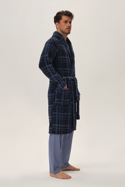 Close-up view of Henderson luxury navy blue men's bathrobe fabric, highlighting the soft polyester material and elegant checkered pattern.