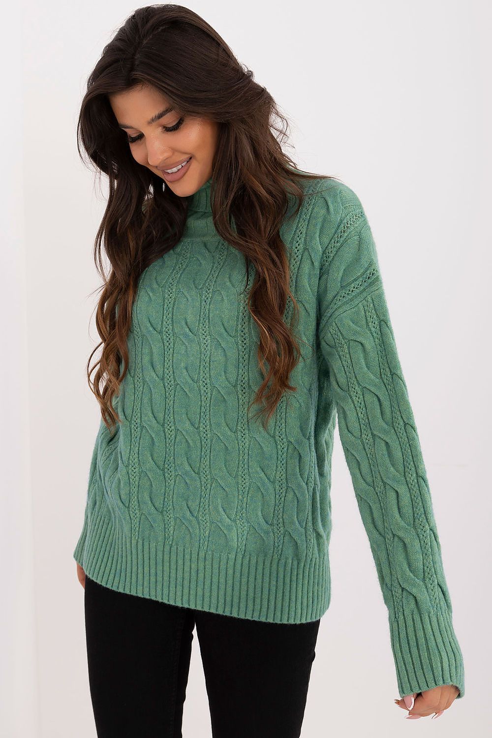 Elegant long-sleeve turtleneck sweater for women by AT, showcasing a blend of acrylic and polyester for comfort and durability.