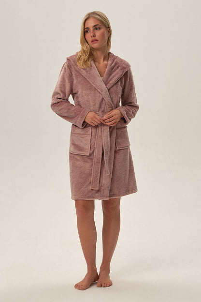 Elegant Pink Plush Fumi Bathrobe by Henderson featuring luxurious comfort and unique striped lining, showcasing a stylish design for premium relaxation.