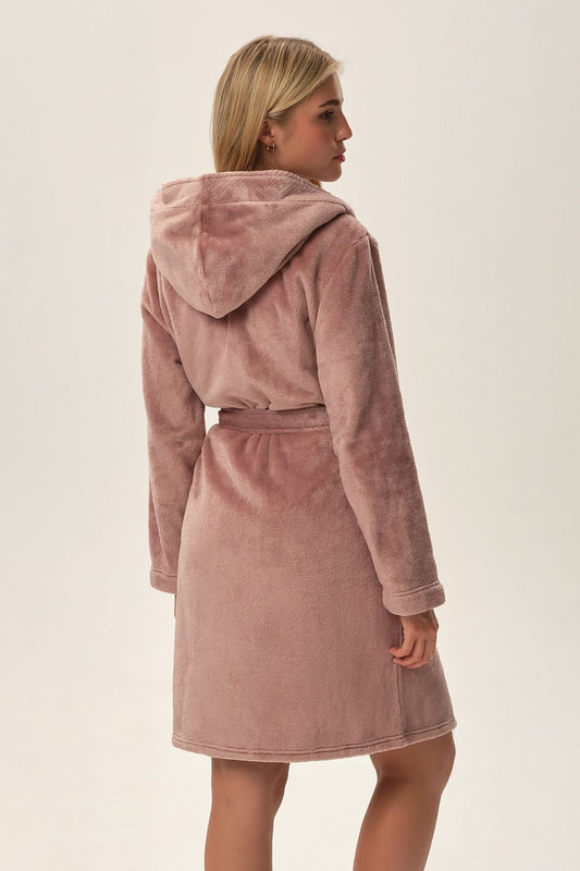 Close-up view of the Elegant Pink Plush Fumi Bathrobe by Henderson, highlighting its textured fabric and distinctive striped interior, perfect for luxurious pampering.