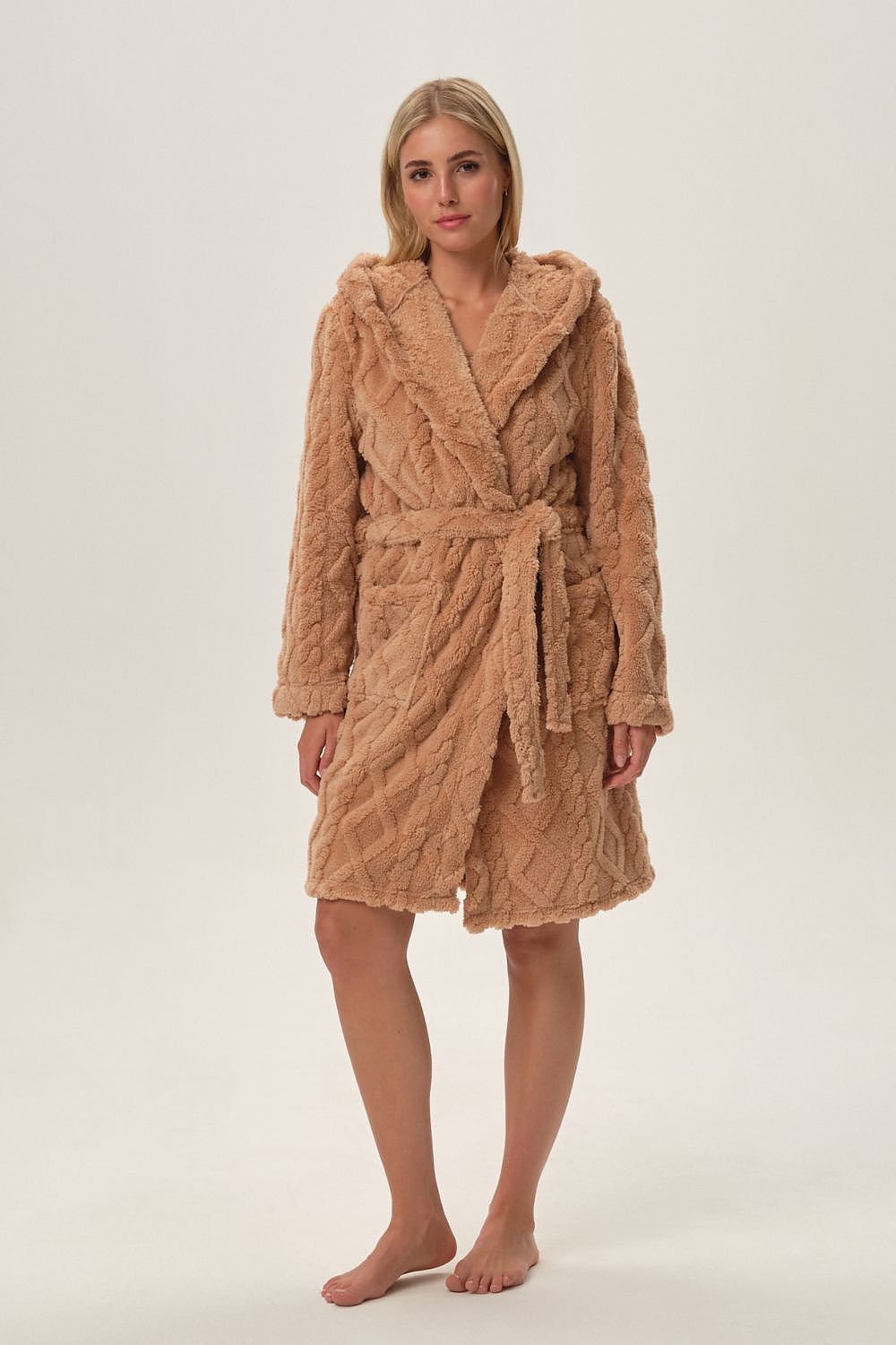 Luxurious Henderson Cozy Braided Texture Bathrobe featuring a wide hood, crafted from warm polyester for ultimate comfort and elegance.