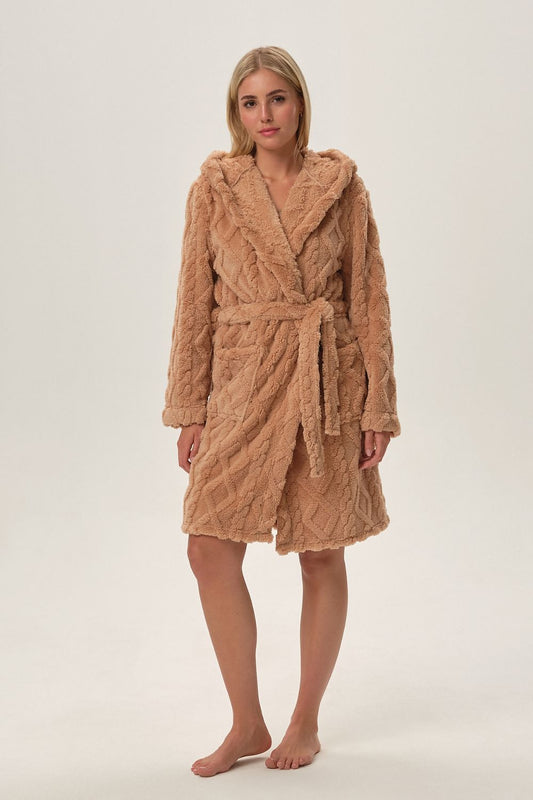 Luxurious Henderson Cozy Braided Texture Bathrobe featuring a wide hood, crafted from warm polyester for ultimate comfort and elegance.