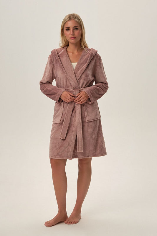 Luxurious Henderson Frankie hooded bathrobe in soft thick knit fabric, showcasing spacious pockets and a beautiful feminine colour, perfect for cozy evenings.