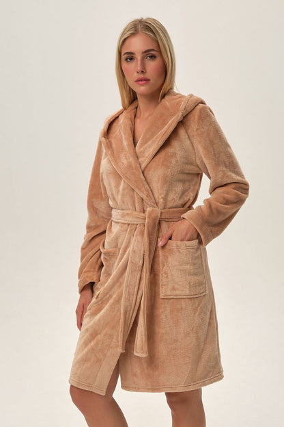 Luxurious Henderson Fiora Bathrobe in plush polyester showcased on a stylish backdrop, featuring a comfortable belt and spacious pockets for ultimate relaxation.