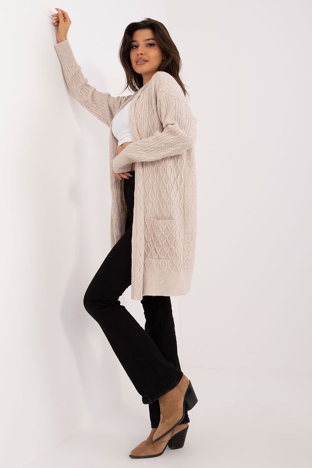 Luxurious long cardigan with elegant design by AT, crafted from a premium acrylic, polyester, and polyamide blend for ultimate comfort.