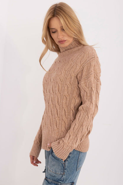 Luxurious women's turtleneck sweater in a rich texture, crafted from an acrylic-polyester blend by AT, perfect for cool weather styling.