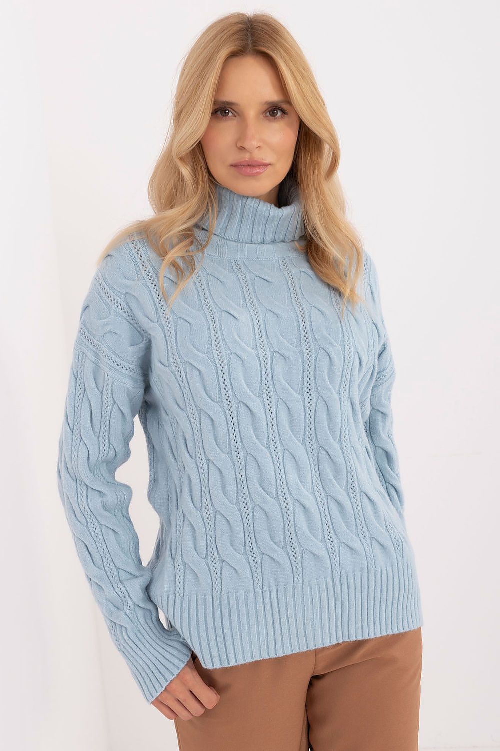 Luxurious turtleneck sweater for women by AT in a rich fabric blend of acrylic and polyester, perfect for elegant styling on cooler days.