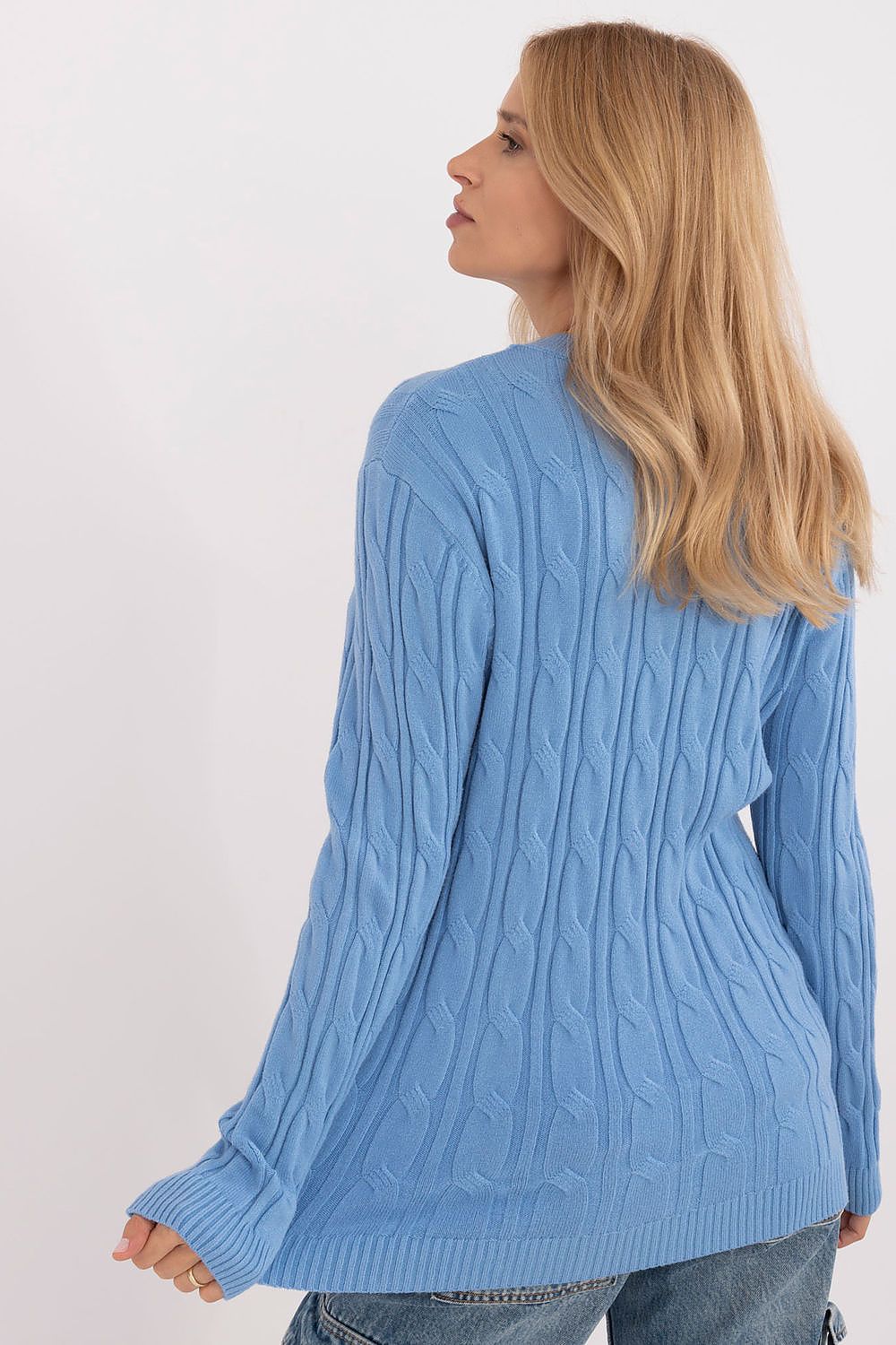 Women's AT Casual Sweater displayed on a hanger, featuring a classic round neckline and long sleeves, perfect for stylish layering on cooler days.