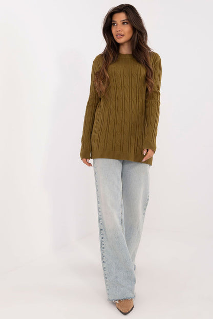 AT women's sweater showcasing a versatile design, crafted from a blend of acrylic, polyamide, and polyester—ideal for chic and comfortable layering during cooler days.