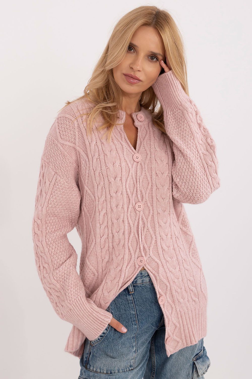 Elegant long sleeve button-up women's cardigan sweater by AT, crafted from a soft acrylic blend, featuring a classic round neckline and textured design, perfect for luxurious everyday wear.