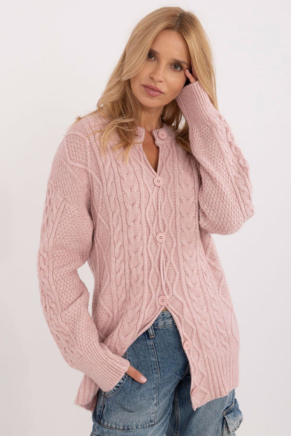 Elegant long sleeve button-up women's cardigan sweater by AT, crafted from a soft acrylic blend, featuring a classic round neckline and textured design, perfect for luxurious everyday wear.
