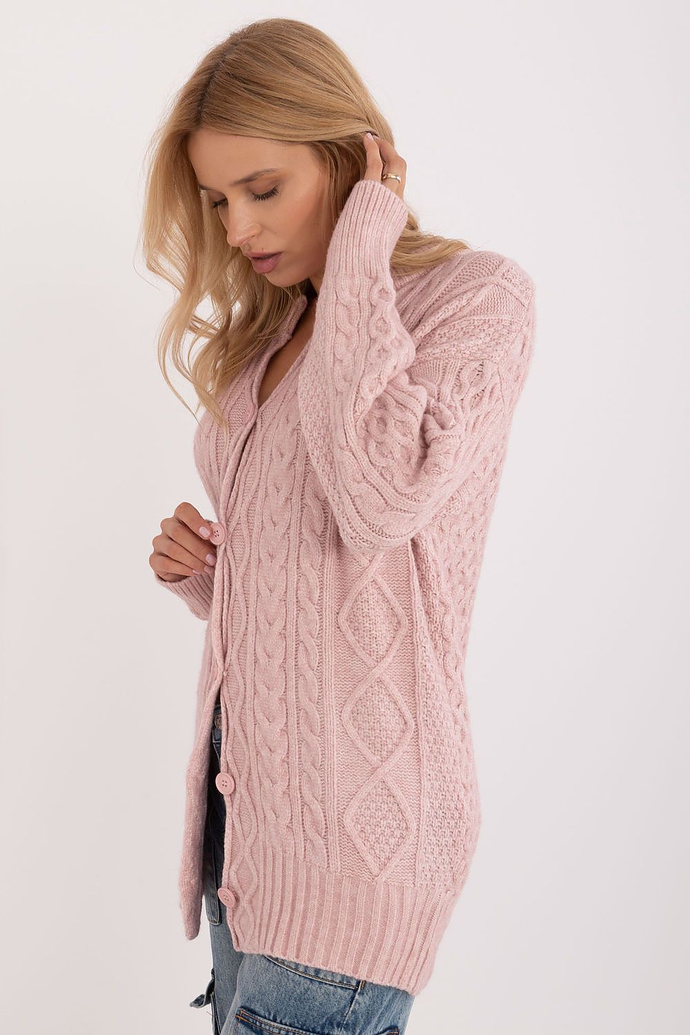 Elegant long sleeve button-up women's cardigan sweater from AT, showcasing a luxurious soft acrylic blend design.