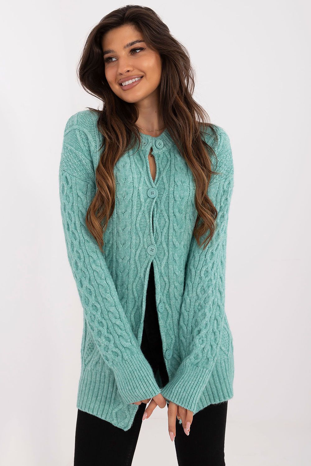 Elegant long sleeve button-up women's cardigan sweater by AT made from a soft acrylic blend, showcasing a stylish round neckline and functional button detailing.