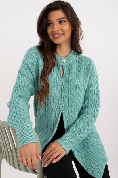 Close-up of the luxurious textured fabric of the long sleeve cardigan sweater for women by AT, highlighting its soft acrylic, polyamide, and polyester blend.