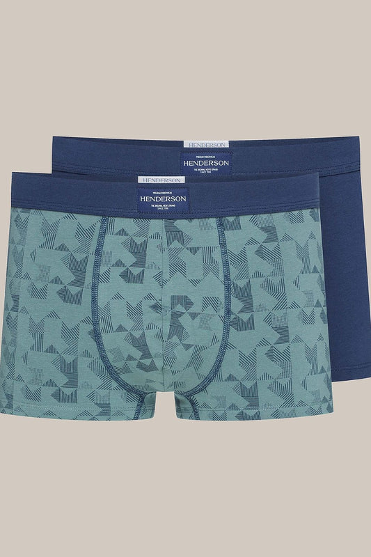 Luxuriously soft set of 2 Henderson cotton boxers in navy and geometric green, featuring a perfect fit and wide waistband for comfortable wear.