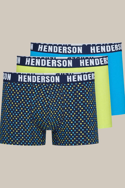 Luxurious Henderson Men's Jet Boxer Shorts - Slim Fit Cotton 3-Pack featuring vibrant geometric patterns in Turquoise, Lime, and Navy for everyday elegance.