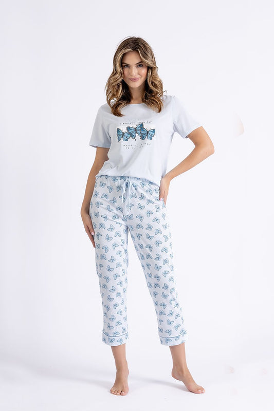Elegant M-Max Women's Cotton Pyjama Set featuring a comfort-fit short sleeve blouse and stylish 7/8 shorts, designed for luxurious relaxation.