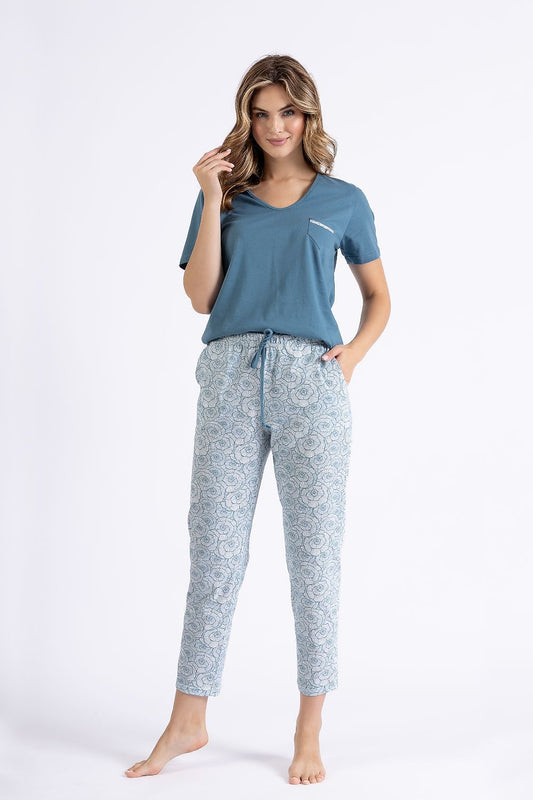 Luxurious M-Max women’s cotton pyjamas set featuring a soft V-neck blouse with short sleeves and elegant 7/8 pants, perfect for stylish comfort at home.