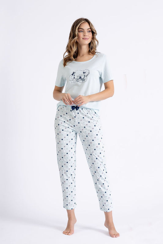 M-Max Women's Elegant Cotton Pyjamas Set featuring a decorative print and bow, perfect for luxurious comfort with short sleeves and 7/8 pants in soft cotton.