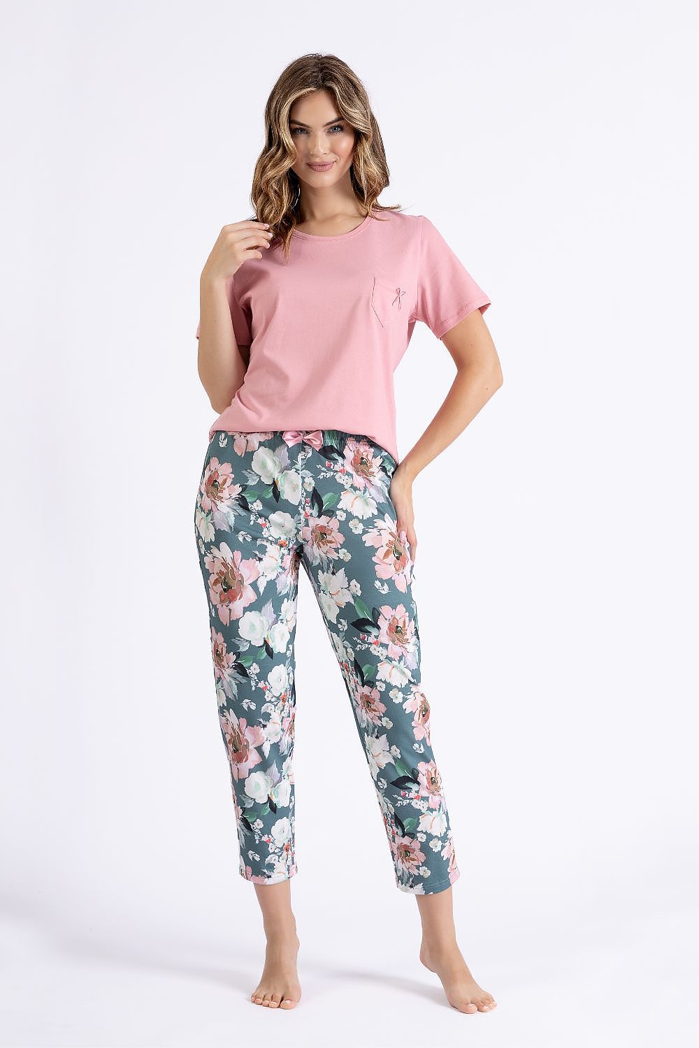 Luxury women's cotton pajamas set by M-Max featuring a short sleeve V-neck blouse with a delicate bow and comfortable 7/8 pants, perfect for stylish sleepwear.