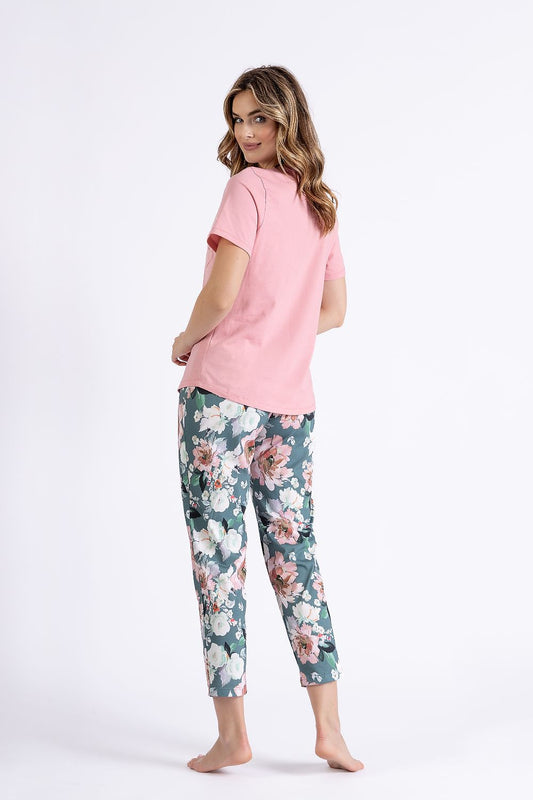 Elegant M-Max cotton pajama set for women, showcasing a charming bow detail on a loose-fitting blouse and chic 7/8 length pants for ultimate comfort and sophistication.