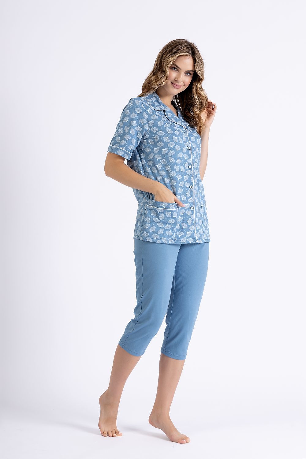 Luxury Women's Cotton Pyjamas Set by M-Max featuring an elegant long-sleeve shirt with a sophisticated collar and pockets, designed for comfort and style.