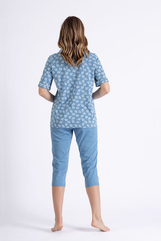 M-Max Luxury Women's Cotton Pyjamas Set showcasing 3/4 pants with an elastic waistband, perfect for relaxation and sleep in breathable fabric.