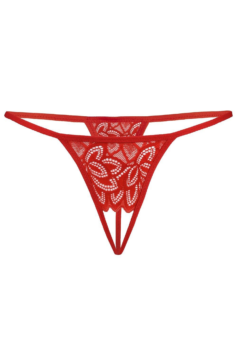 Luxury sexy red lace open crotch thongs by Teyli, showcasing intricate lace design, comfortable fit, and skimpy style. Perfect women's lingerie for bold intimates.