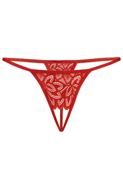 Luxury sexy red lace open crotch thongs by Teyli, showcasing intricate lace design, comfortable fit, and skimpy style. Perfect women's lingerie for bold intimates.