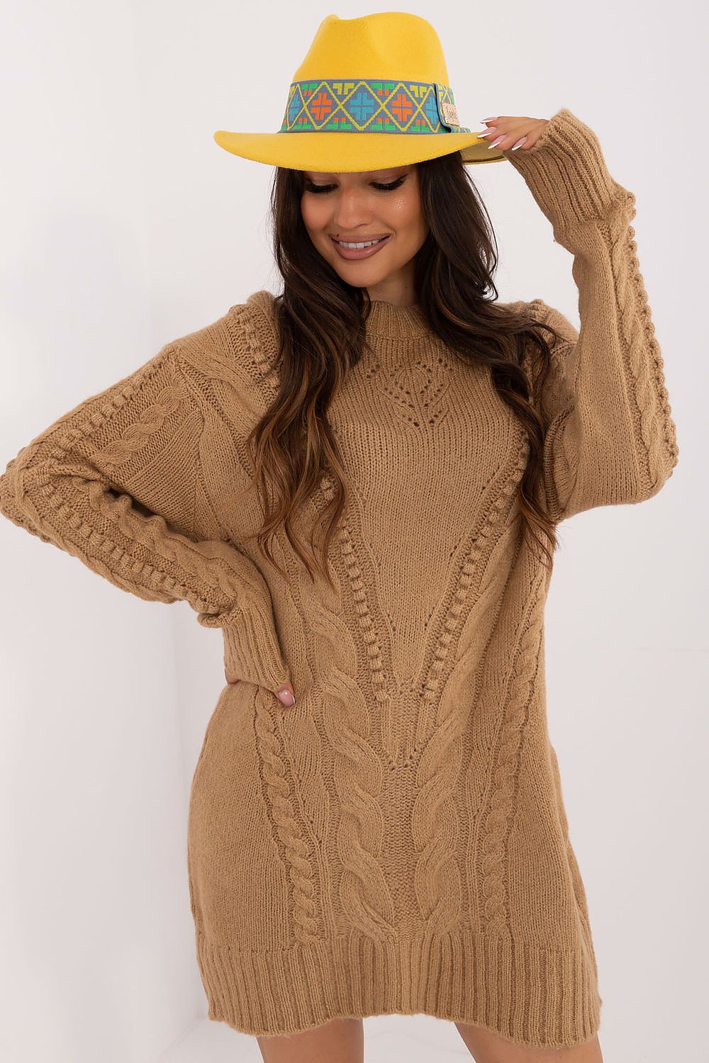 Elegant long women's sweater by Badu, crafted from soft acrylic with a classic round neckline, showcasing a stylish texture perfect for everyday luxury wear.