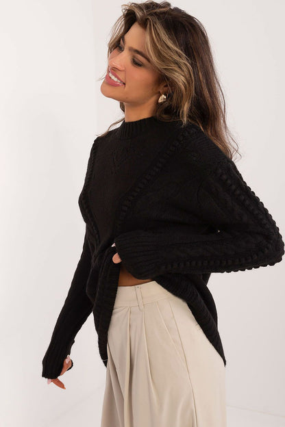 Chic and cozy long women's sweater by Badu featuring a stylish design with a round neckline and rich acrylic composition, ideal for stylish layering.