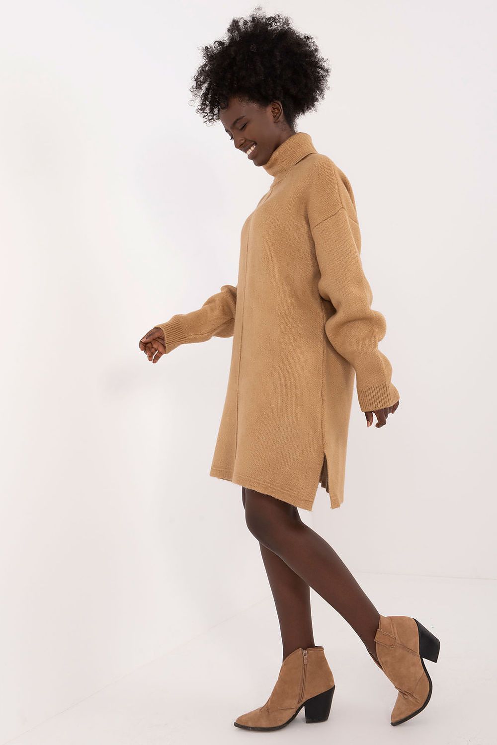 Model showcasing the Badu Elegant Mini Dress with Turtleneck and Long Sleeves, perfect for chic urban outings.