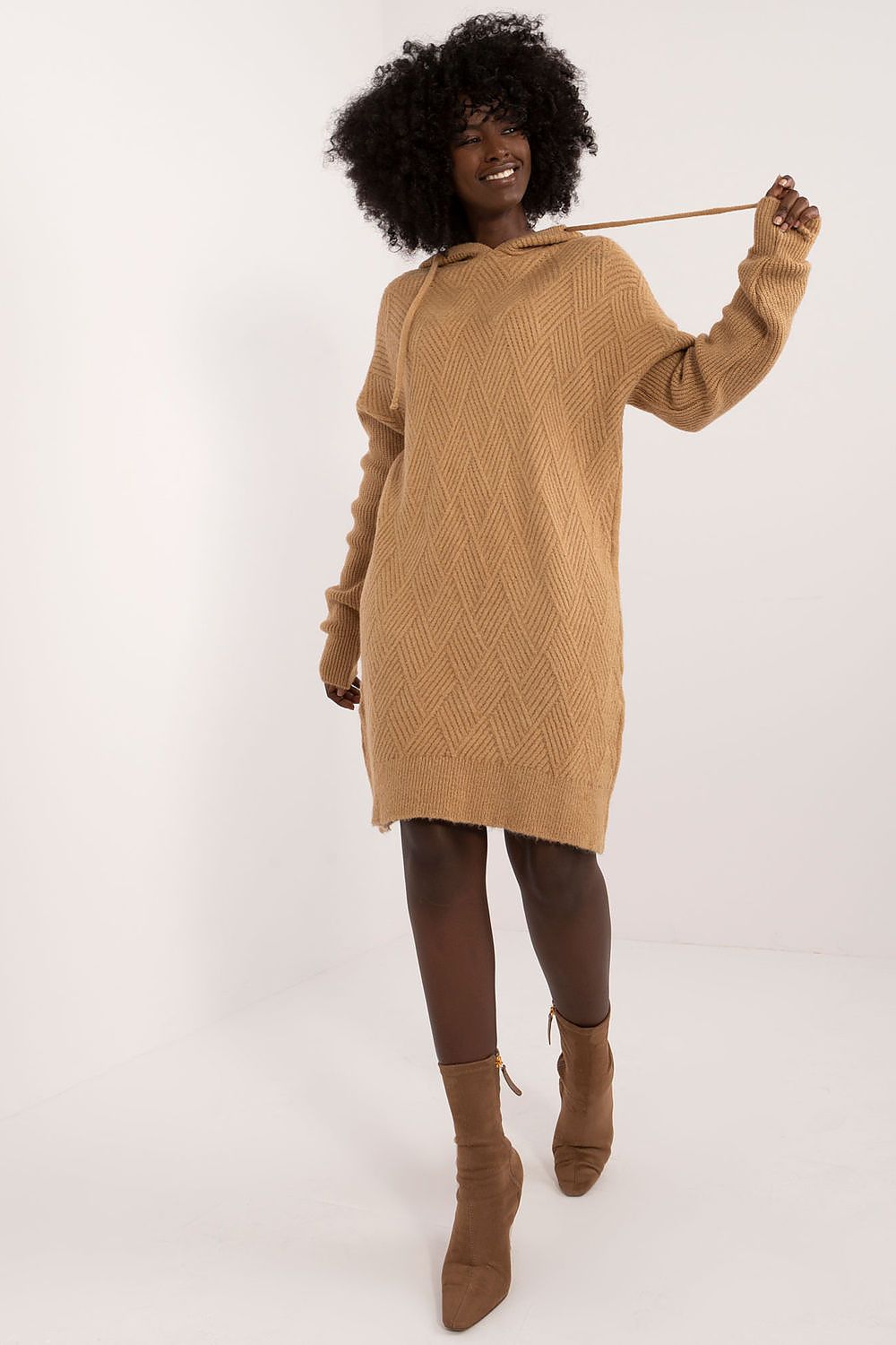Chic and fashionable Badu mini dress featuring a trendy hood, perfect for stylish everyday wear made from high-quality acrylic and polyester.