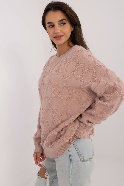 Sophisticated women's casual jumper sweater by AT, featuring a luxurious varied weave texture and timeless round neckline, ideal for elegant everyday wear.