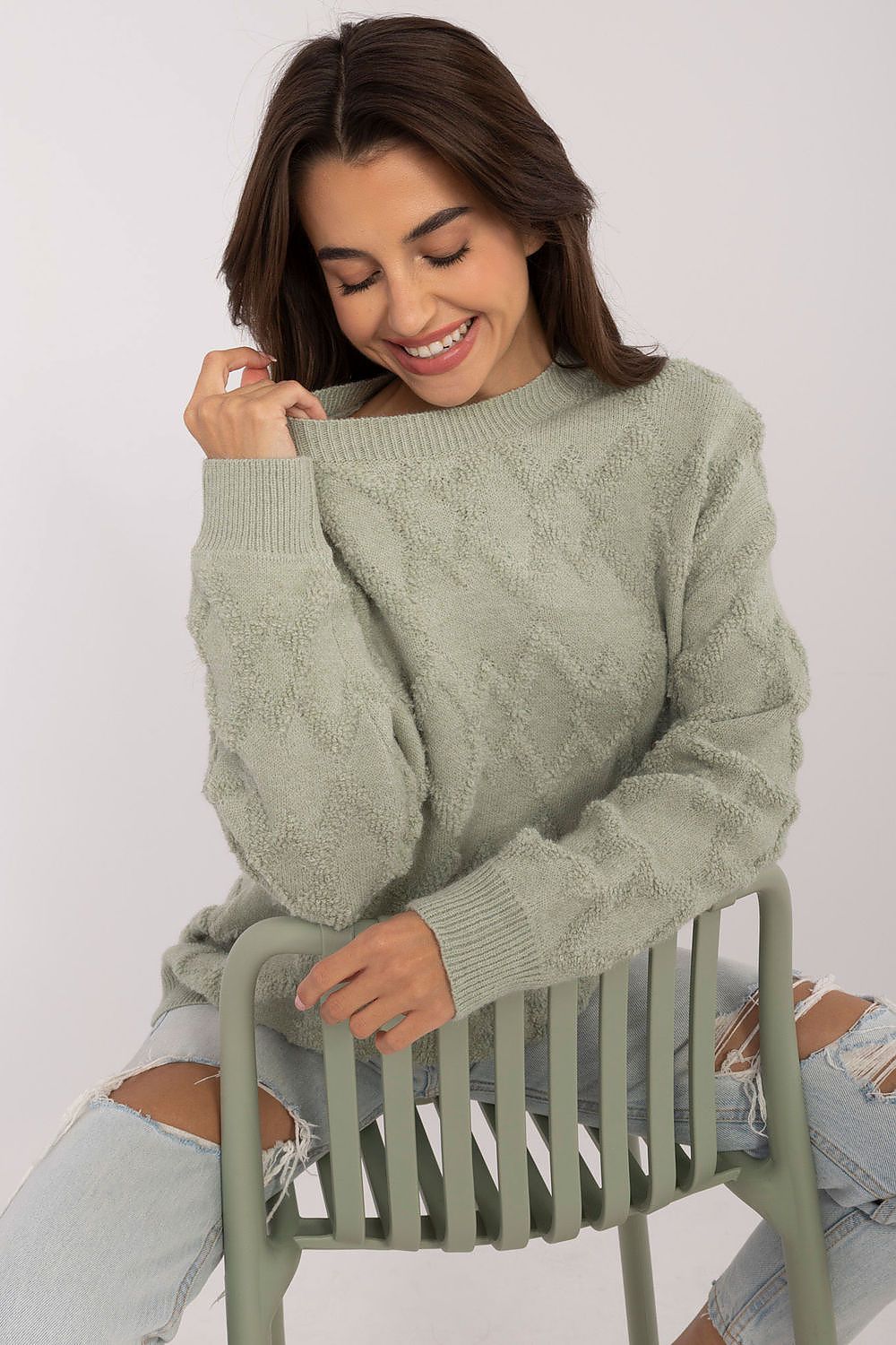 Elegant Women's Casual Knit Jumper by AT featuring varied textures, long sleeves, and a classic round neckline, ideal for sophisticated everyday wear.