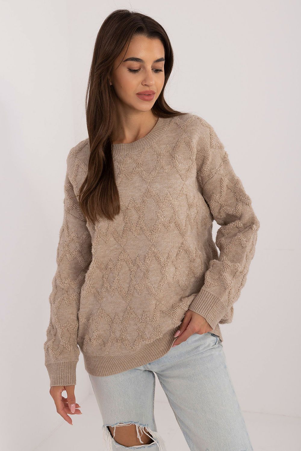 Elegant Women's Casual Sweater by AT featuring a luxurious varied knit texture, long sleeves, and a classic round neckline for sophisticated everyday wear.